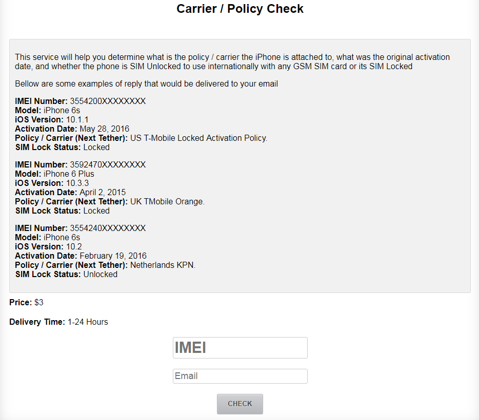 iPhone IMEI Info Carrier Policy Check order